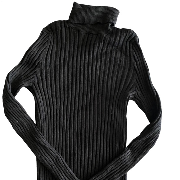 Sisley Italy black ribbed wool long sleeve turtle neck stretchy warm sweater - Picture 1 of 5